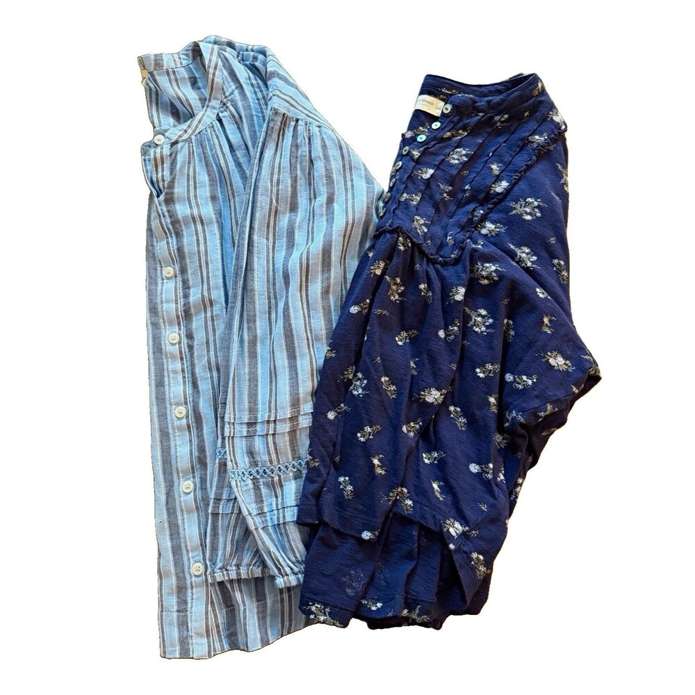 Lucky Brand Blue Floral Blouses Womens Large Cottagecore Boho Whimsy Lot of 2